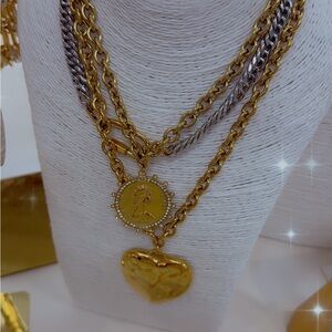Gold and Silver Layered Coin & Heart Pendant Necklace - Women 2 necklace’s